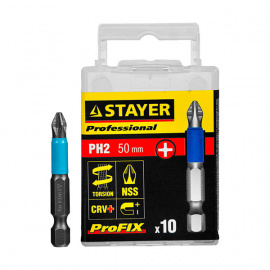 Биты крестообразные Stayer Professional ProFix магнитные PH2, 50 мм, 10 шт.